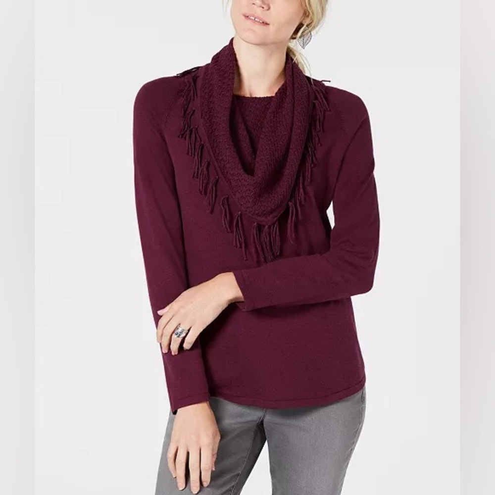 Cowl Neck Knit Sweater Fringe Trim Textured Cotton Plum Maroon Size Large
